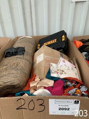 a cardboard box filled with clothes and other items