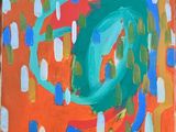 abstract painting of orange and blue circles on a red background
