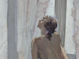 painting of a woman sitting on a bed in front of a window