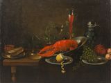 a painting of a lobster and other food on a table