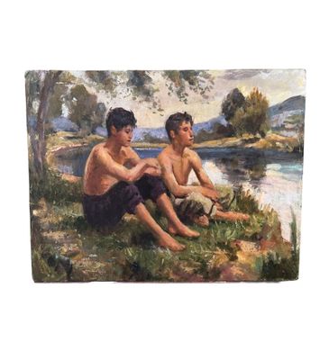 painting of two boys sitting on the bank of a river