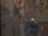 painting of a woman and a man in a church with a dog