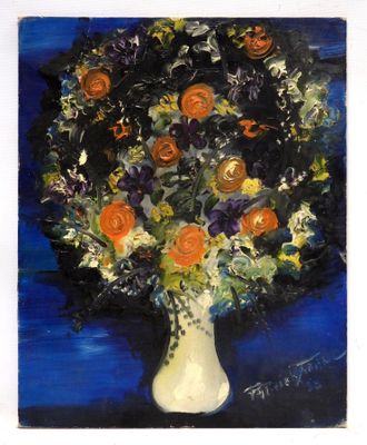 a painting of flowers in a vase on a table
