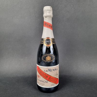 a bottle of champagne with a red ribbon around it