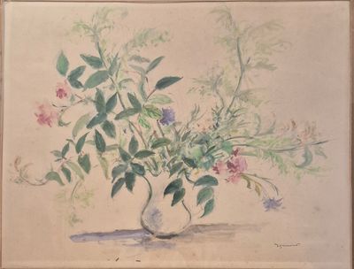 a painting of flowers in a vase on a table