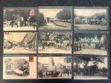 several old black and white photographs of people and horses on a street