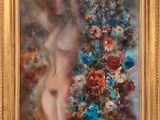 a painting of a nude woman with flowers in a gold frame
