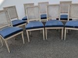 lot de six chaises de salle à manger à dossier en rotin français, avec coussins rembourrés bleus