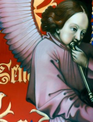 a painting of an angel with a trumpet in his hand