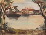 une image représentant un tableau où l'on voit une rivière avec un village en arrière-plan