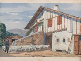 un tableau représentant un homme debout devant un bâtiment, avec des moutons