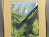 peinture représentant un paysage de montagne avec des arbres et des montagnes en arrière-plan