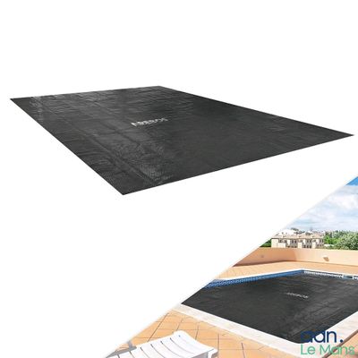 a collage of two pictures of a swimming pool with a black cover