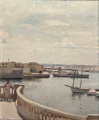 a painting of a harbor with boats in the water