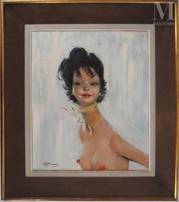 une peinture à l'huile représentant une femme en robe rouge, dans un cadre doré