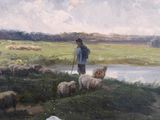 a painting of a man standing in a field with sheep