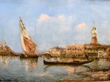 un tableau représentant des bateaux sur l'eau, devant une ville