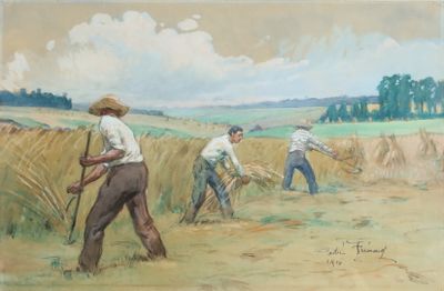 painting of a group of men working in a field of wheat