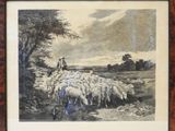 painting of a man herding a flock of sheep in a field