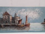 tableau représentant un bateau dans un port, avec un château en arrière-plan