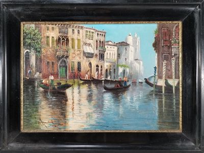 tableau représentant une scène de canal avec des gondoles et des bâtiments