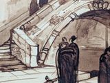 a drawing of a group of people walking down a staircase