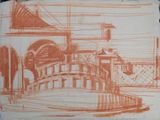 drawing of a train station with a clock tower in the background