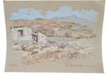an image of a painting of a house in the desert