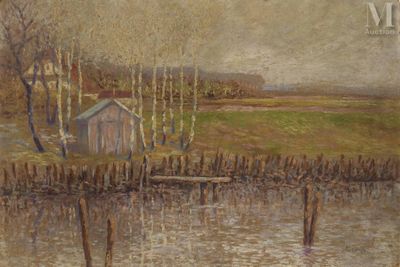 un tableau représentant un hangar à bateaux au bord d'un plan d'eau