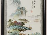 an old chinese painting hanging on a wall next to a wall