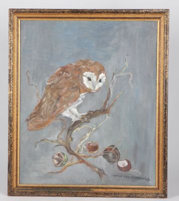 an oil painting of a barn owl perched on a branch of a tree