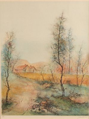une image représentant un tableau représentant un paysage avec des arbres et une maison au loin