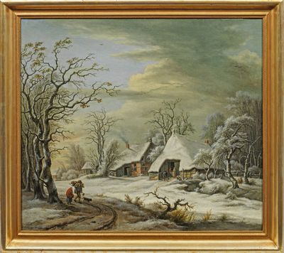 une peinture à l'huile représentant un paysage enneigé avec une maison en arrière-plan