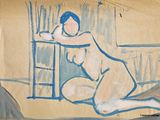 painting of a nude woman leaning against a ladder on a wall