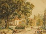 un tableau représentant une scène de village avec une calèche