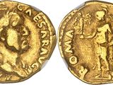 a gold coin with an image of a man holding a sword