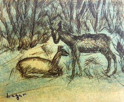 dessin représentant un cheval et un chien dans un champ d'herbe