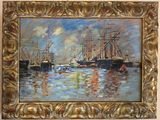painting of a harbor scene with ships in a gold frame
