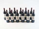 six bottles of red wine lined up in a row on a white surface