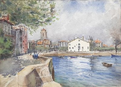 a watercolor painting of a town by the water
