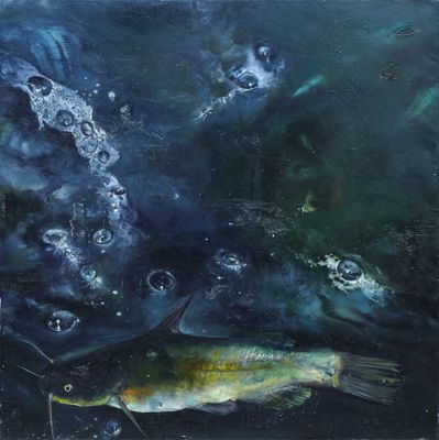 an oil painting of a fish in the water with bubbles coming out of it
