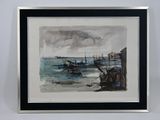 aquarelle encadrée représentant une scène de port avec des bateaux sur l'eau