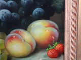 a picture of a painting of fruit with a strawberries and peaches
