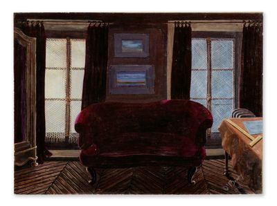 a painting of a red chair in front of a window