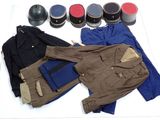many different types of clothing on a white surface