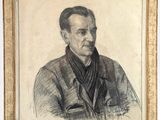 a drawing of a man in a jacket is shown in a gold frame