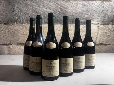 six bottles of wine are lined up on a table in front of a brick wall