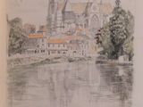 a picture of a drawing of a city by the water