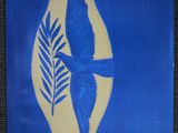 a blue and white poster with a bird on it