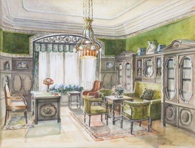 un dessin représentant un salon aux murs et aux meubles verts